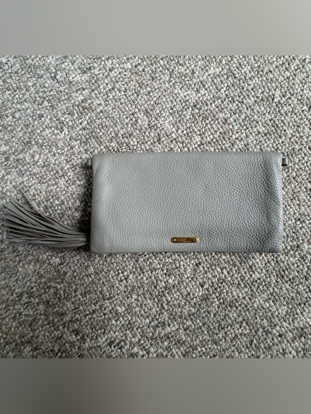 GiGi New York Light Gray Pebbled Leather Tassel Wristlet Clutch